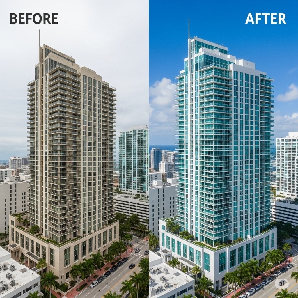 Before and after HOA building renovation showing the impact of community financing
